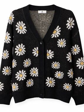 Alter’d State Black Daisy-Pattern V-Neck Cardigan Sweater